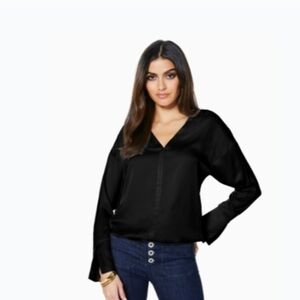 Ramy Brook Black V-Neck Satin Blouse Medium NWT Long Sleeve Slit Cuff
